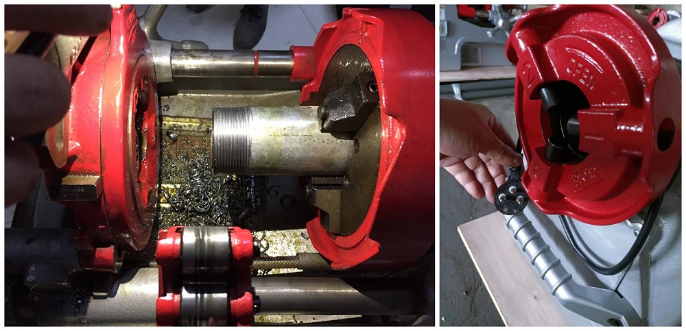 Pipe threading machine with dies compatible with rex